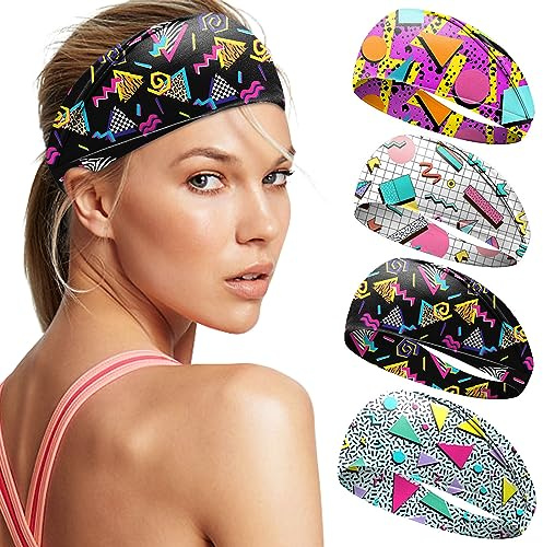 4 Stück Haarband mädchen breit，Stirnband, Kopftuch, Sport Stirnband, Stirnband Damen dünn，Retro Bandana ，hasrband, 90er-Jahre-Haar-Accessoires, 80er-Jahre-Party-Outfits, Memphis