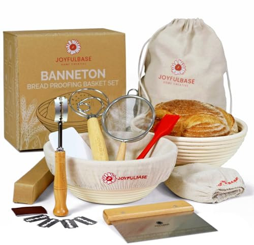 JOYFULBASE Banneton Bread Proofing Basket Set of 2 Sourdough Starter Kit with 9- Inch Round Baskets Fermentation Proofing Bowls Artisan Sourdough Bread Baking Supplies with Tools Liners and Linen Bag
