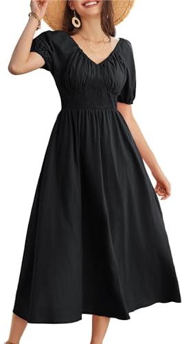 GRACE KARIN Women’s Summer Puff Short Sleeve A-Line Dress Casual Maxi V-Neck Smock Ruched Cotton Dresses for Party Beach