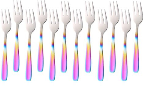 SBOMHS Lot de 12 fourchettes à dessert en acier inoxydable - Petites fourchettes à fruits - Pour mariage, gâteau, thé - 13,6 cm de longueur (dégradé de couleurs arc-en-ciel)