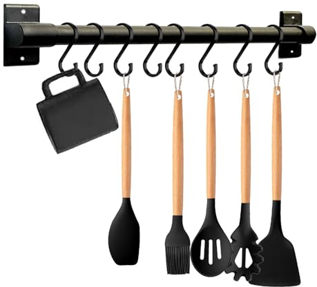 Black Aluminum Utensils Holder,Rack Wall Mounted,Kitchen Rail Pan Hanger with S Hooks for Hanging Kitchen Utensil,Bathroom Gadget Drilling or Self-Adhesive Installation Options (60cm)