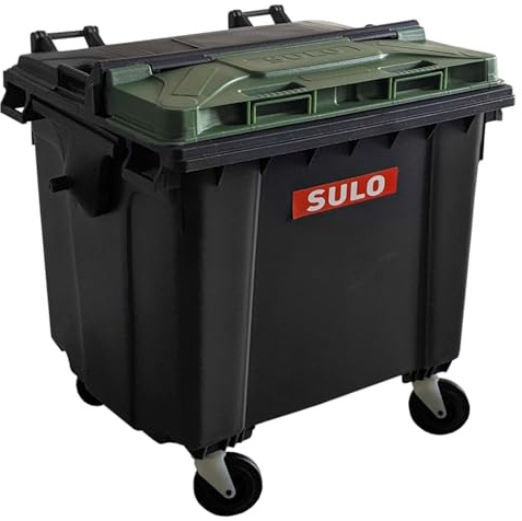 Sulo Mini Mülltonne Container 1100L Nachbildung | Tisch-Mülleimer Klein | Desktop Büro Schreibtisch Stifthalter | Grau mit Deckel-Einwurf Grün | Sammlerstück | 18x18x15 cm