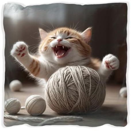 Wallario Dekokissen 40 x 40 cm, Katze mit Wollknäuel, beidseitig Bedruckt, Kuschelkissen mit weicher Plüsch-Oberfläche
