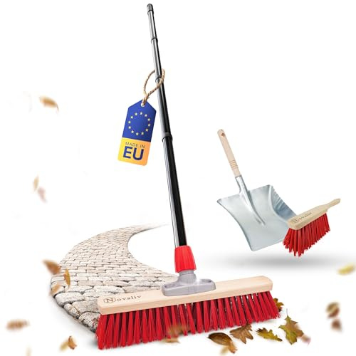 Novaliv Balai de Rue Avec Manche 40 cm, Poils Élastons, Balayette Noire, Pelle et Balayette à Main, Idéal Pour Jardin, Terrasse, Cour, Écurie