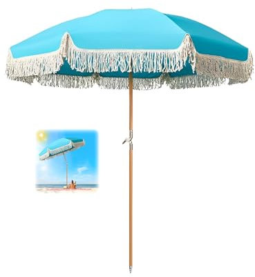 ELZEM Blau Gartenschirm Mit Quasten 180cm Sonnenschirm Neigbar Strandschirm Uv Schutz Balkonschirm Wasserdicht Tischschirm Mit Tragetasche Für Garten Deck Schwimmbad Sandstrand/8 Rippen