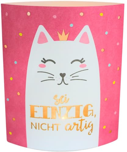 Dekohelden24 Poesielicht - Nachtlicht - Stimmungslicht - Dekolicht in pink, mit Timer, Batteriebetrieben, Motiv: Katze, Sei einzig, nicht artig - L/B/H 13 x 5 x 16 cm.