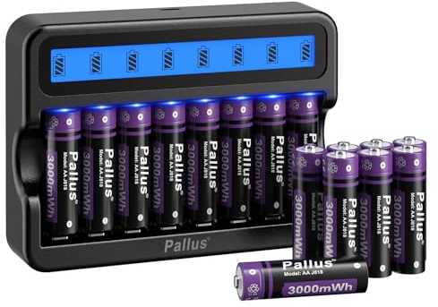 Rechargeable AA Lithium Batteries with 8-Slot LCD Battery Charger, 1.5H Fast Charging, 1.5V Double A 3000mWh High Capacity, 1500 Cycles, for Game Console, Clock, Wireless Mouse (12 PCS)