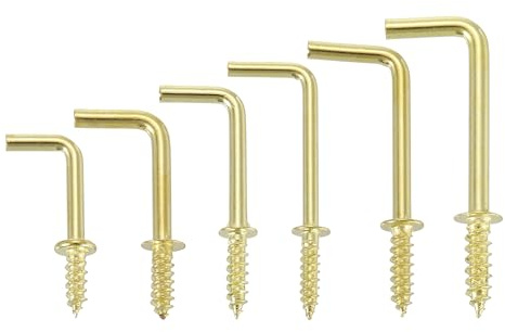 QUARKZMAN 120 Stück L-Form Schraubhaken Hakenschrauben, L-Förmige Kleine Schraubhaken Haken zum Schrauben Rechtwinklige Haken aus Kohlenstoffstahl Hakennägel Haken, Gold