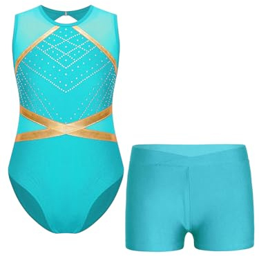 iEFiEL Modische Mädchen Gymnastikanzug Ärmellose Turnanzug mit Shorts elastische Ballett Trikot Tanz Trikotanzug Gymnastikbody Blau Grün 134-140