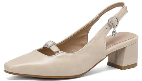 BAISOILIHA Femmes Chaussures Ouvertes à l'arrière Simili Cuir Finish Bout Carré Back Strap Heeled Shose Bloc Pumps Dress Bureau Chaussures pour Femme Dames Filles Beige Taille 33