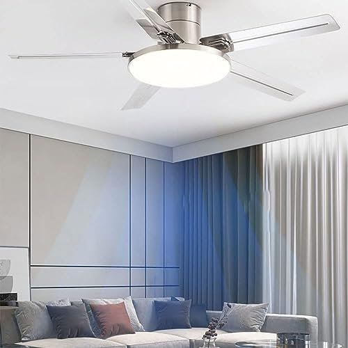 Stainless Steel Outdoor Ceiling Fan with Lights - Remote Low Profile Flush Mount Modern Smart Mute Fan for Bedroom - Ceiling Fans with Light