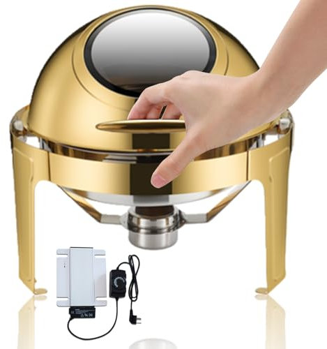 6L Chafing Dish, 2-in-1 Stainless Steel Food Warmer with 400W Heating Plate, Round Chafing Dish/Visual Glass/Adjustable Temperature Control, Portable Chafing Dish Buffet Server, for Catering