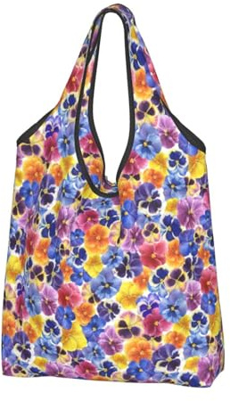 Buewutiry 3 bolsas grandes para mujer, ligeras, tricolor, flores de pensamiento, reutilizables, plegables, bolsas de compras para comestibles, bolsas de tela, trabajo, playa, viajes, con asas