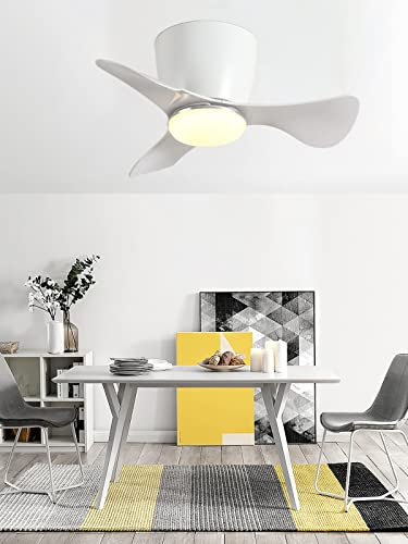 Wooden Ceiling Fan with Noiseless Reversible DC Motor Low Profile Flush Mount Fan Light with Remote Control Wood Grain White/White