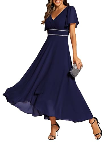 Ever-Pretty Chiffon Formal Dresses for Women V-Neck Empire Waist Mother of Bride Dress Formal Wedding Guest Gown Navy Blue US4
