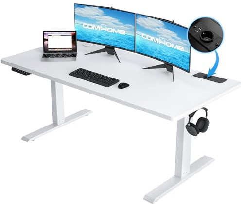 COMHOMA Höhenverstellbarer Schreibtisch 140x60 cm mit USB-Buchse und Haken, Elektrisch Verstellbarer Computertisch, Steh-Sitztisch Stehpult Stehschreibtisch Weiß