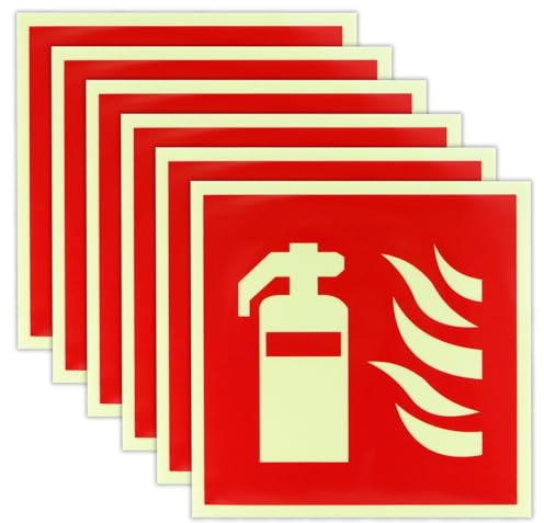 BEASAFY 6 Stück Feuerlöscher Schild, 15 x 15 cm PVC Selbstklebende Feuerlöscher Schild Nachleuchtend, Feuerlöscher Aufkleber für Homeoffice, Baustelle