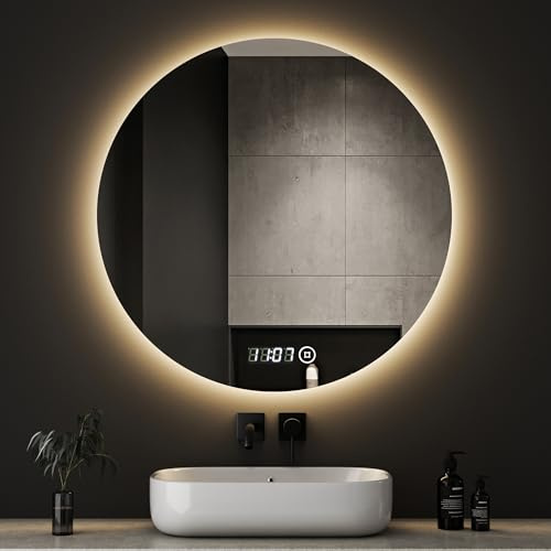 Boromal LED Badspiegel Rund mit Beleuchtung und Uhr Badspiegel 80x80cm LED Spiegel Runder Badezimmerspiegel mit Beleuchtung Wandspiegel Rund mit 3 Lichtfarbe Dimmbar + Uhr