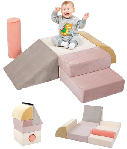 BanaSuper Parcours Motricité Bébé Pliable, 5 Modules en Mousse Douce pour Enfants, Tapis de Jeu & Blocs d'Escalade, Jeu d'Intérieur pour Maison Crèche, Développement Motor Skills, Design Lavable, Rose