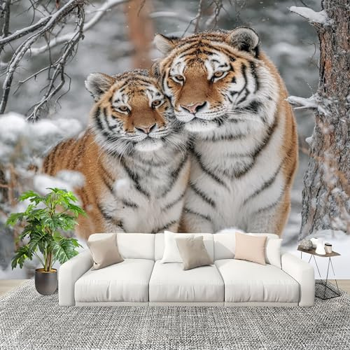 Fototapete 200x140 cm Tiger Im Schnee Hd Vliestapete Fototapete für Schlafzimmer und Wohnzimmer Tiertiger Großformatige Mustertapete 3D-Effekt Wanddekoration Flurtapete