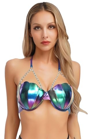 Hansber Soutiengorge sans Armatures Métallique Sirène Haut De Bikini Coquillage Perles Bustier Dos Nu Bralette Tenue Gogo Danse Rave Bleu M