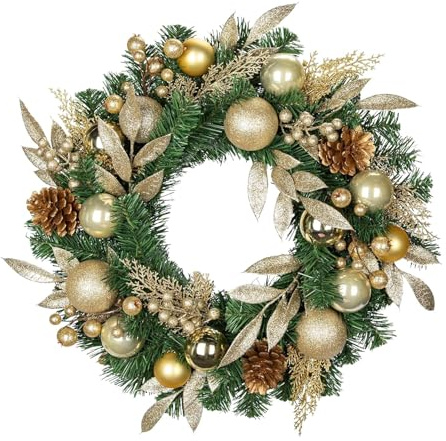 Sharplace Couronne de Noël pour Porte d'entrée, décoration de Noël, 61 cm, décorative et réaliste, avec Boules décoratives, Couronne Artificielle pour