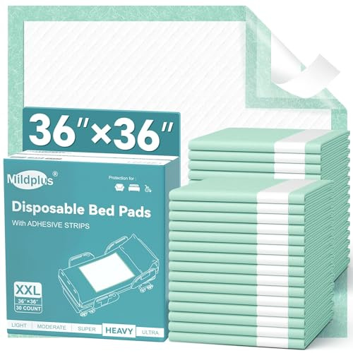 MILDPLUS Disposable Bed Pads with Adhesive Strips 36''X36'' 30 Count Chucks Disposable Underpads Extra Large Thicker Incontinence Pads for Unisex Adult, Senior, Kids and Pet