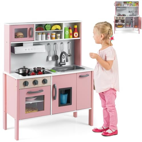 HOMASIS Cuisine de Jeu en Bois pour Enfants avec évier cuisinière Four Micro-Ondes Machine à Glace, lumière & Son, Cuisine de Jeu d'angle pour Enfants 3+ Ans (Rose+Blanc)