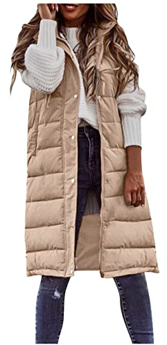 Generisch Steppweste Damen Lang, Weste Damen mit Kapuze Herbst Winter,Reissverschluss Longweste mit Taschen Daunenweste Leichte Elegant Übergangsweste Reißverschlüsse