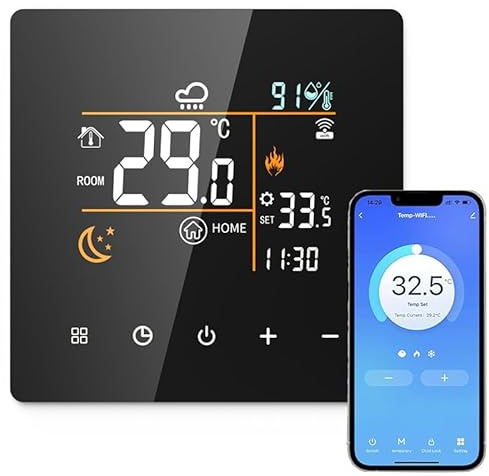 Tuya Smart Thermostat, WLAN, Thermostates, Gaskessel, mit LED-Touchscreen, programmierbare Thermostate, kompatibel mit Alexa und Google Home, Sprachsteuerung und Fernbedienung (Schwarz)