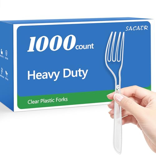 SACATR 1000 Count Heavy Duty Clear Plastic Forks,BPA-Free,Heat Resistant Disposable Plastic Forks Bulk, Solid Durable Premium Cutlery for Parties, Events and Everyday Use