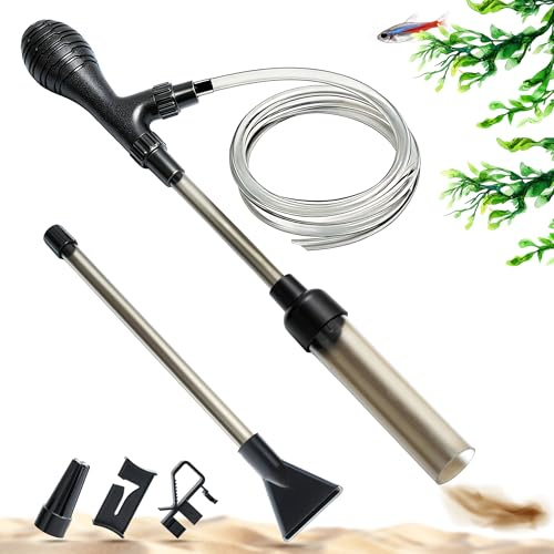 PEUZ Aspirador de acuario 2 en 1 para cambio de agua y limpieza del suelo, con 3 accesorios, manguera de 2 m y soporte para manguera para el cuidado del acuario