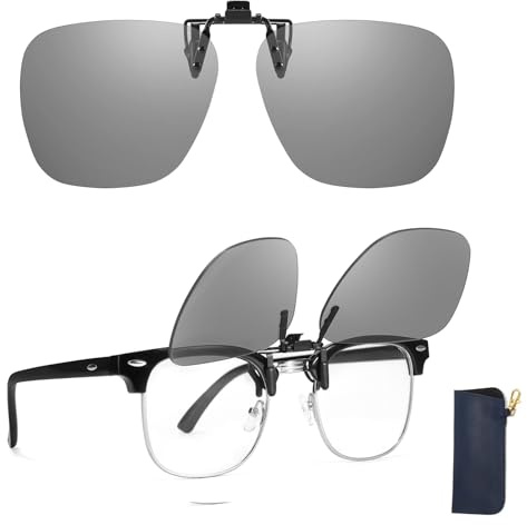 TJUTR Clip-on-solglasögon för män kvinnor, polariserade flip-up-körglasögon med HD-vision och bländskydd, UV400-skydd över receptbelagda glasögon, Ljus fotokromatisk lins uppfällbart