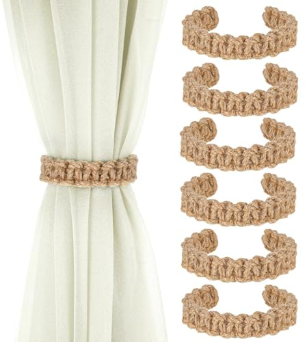6 Piezas Sujeta Cortinas Boho Trenzados,Cinta para Cortinas de Cuerda Natural,Alzapaños Decorativos para Salón Dormitorio Cocina,Accesorios Cortinas Flexibles Tipo Embrasse,Soporte Cortina sin Taladro