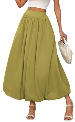 SKAYS Women's 2026 Bubble Skirt Balloon Drop Waist Maxi Long A Line Elastic High Waisted Puffy Summer Skirt with Pockets Olive Green