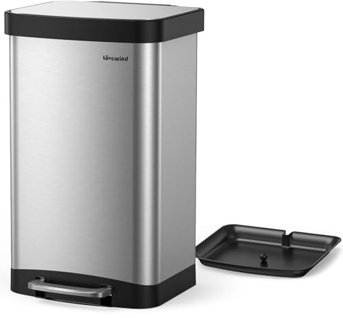 lovewind 60L Kitchen Bin, Stainless Steel Pedal Bin with Soft Close Lid, Fingerprint Resistant Rubbish Bin, Recycling Bin for Kitchen with Removable Cleaning Tray, Large Kitchen Bin for Home & Office
