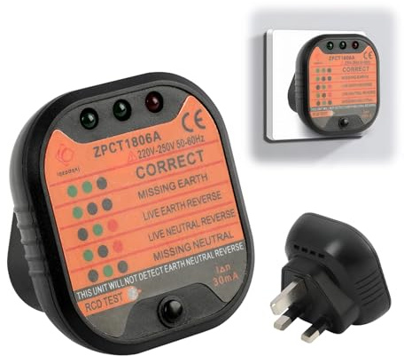 Socket Tester UK, 220-250V Circuit Polarity Voltage Detector with LED Lights, RCD Plug, Tester for Power Plug Wiring Detection, Portable Electric Socket Tester