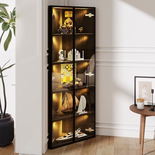 phosir Eckvitrine LED 62x35x160 cm Schwarz – Glasvitrine mit Soft-Close, Sammlervitrine für Figuren & Modelle, Eckschrank mit Alurahmen, Aufbewahrungsschrank für Wohnzimmer