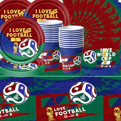 Juego de vajilla para fiesta temática de la Copa del Mundo, suministros para fiestas temáticas de fútbol, compuesto por platos de papel, vasos de papel, servilletas y manteles, adecuado para una