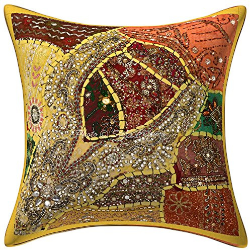 Stylo Culture Ethnico Fundas Cojines Decorativa 40x40 cm Algodón Bordado Funda Almohadon Silla Amarillo 16x16 Inch Lentejuelas con Cuentas Cuadrado sobre Fundas Cojines Sofa - 1 Pc
