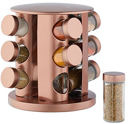 Relaxdays Gewürzkarussell mit 12 Gewürzdosen, 360° drehbar, durchsichtige Gewürzgläser zum Streuen, Edelstahl, kupfer, 22.5 x 22 x 22 cm