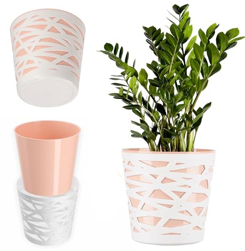 Kadax Flowerpot, fioriera, pentola a pianta rotonda fatta di plastica, fioriera per fiori, piante, balcone, secchio di fiori per all'interno, fioriera luminosa (17 cm, colori pesca))