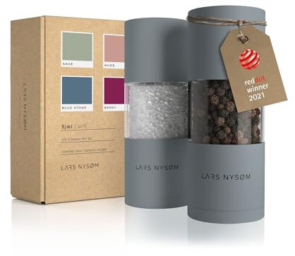 LARS NYSØM Salz und Pfeffer Mühlen Set aus Edelstahl mit einstellbarem Keramik-Mahlwerk 2 Stück I Manuelle Gewürzmühlen mit hochwertigem Design (2 Stk) (Ash Gray)