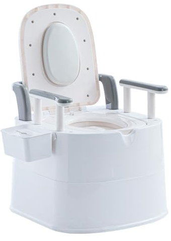 WC Toilette Portatile con Box Portaoggetti e Poggia Schiena poggiamano, per Anziani, Donna incinta e Persone con Mobilità Ridotta Uso Domestico (Bianco/Grigio)