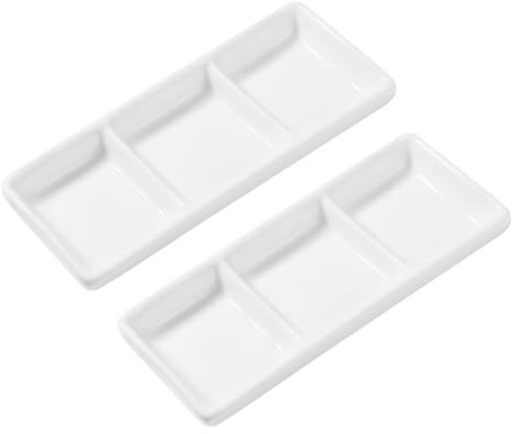 Platos de Cerámica Rectangulares de 3 Compartimentos, 2 Unidades | Blanco, Resistentes a Manchas y Roturas, para Salsa de Soja y Especias