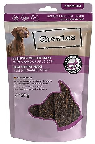 Chewies Fleischstreifen MAXI Hundeleckerli aus 100 % Kängurufleisch - 150 g - luftgetrocknete Känguru Kaustreifen für Hunde - zuckerfrei & getreidefrei - Dörrfleisch vom Känguru