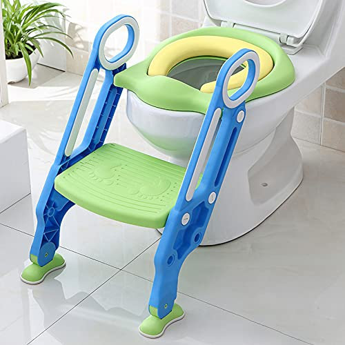 YUENFONG Toilettensitz Kinder Toilettentrainer mit verstellbarer Treppe, Klappbarer Töpfchentrainer Toiletten Mit einem PU Kissen, Höhenverstellbar 38-42 cm für Kinder von 1-7 Jahren (Blau und Grün)