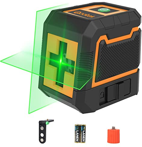 Qooltek Selbstnivellierender Grüner Linienlaser, Kreuzlinienlaser mit Horizontalem & Vertikalem Strahl, IP54 Laser Wasserwaage für Innen & Außen - Inkl. 2 AA Batterien