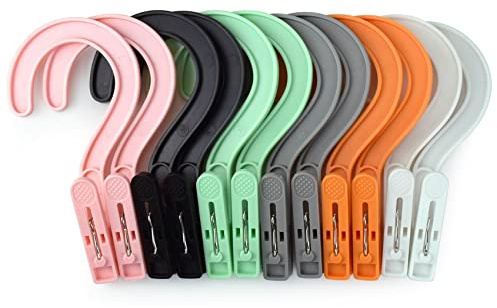 Laundry Hooks Boot Hangers Plastic Clothes Pins Hanger Clips for Bathroom Travel Portable (Multi-Color 12PCS)