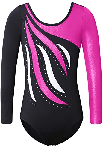 XFGIRLS Gymnastikanzug für Mädchen, langärmelig, glitzernd, glänzend, athletischer Ballett-Tanzanzug, 3–16 Jahre, Schwarz, HotPink, 13-14 Years